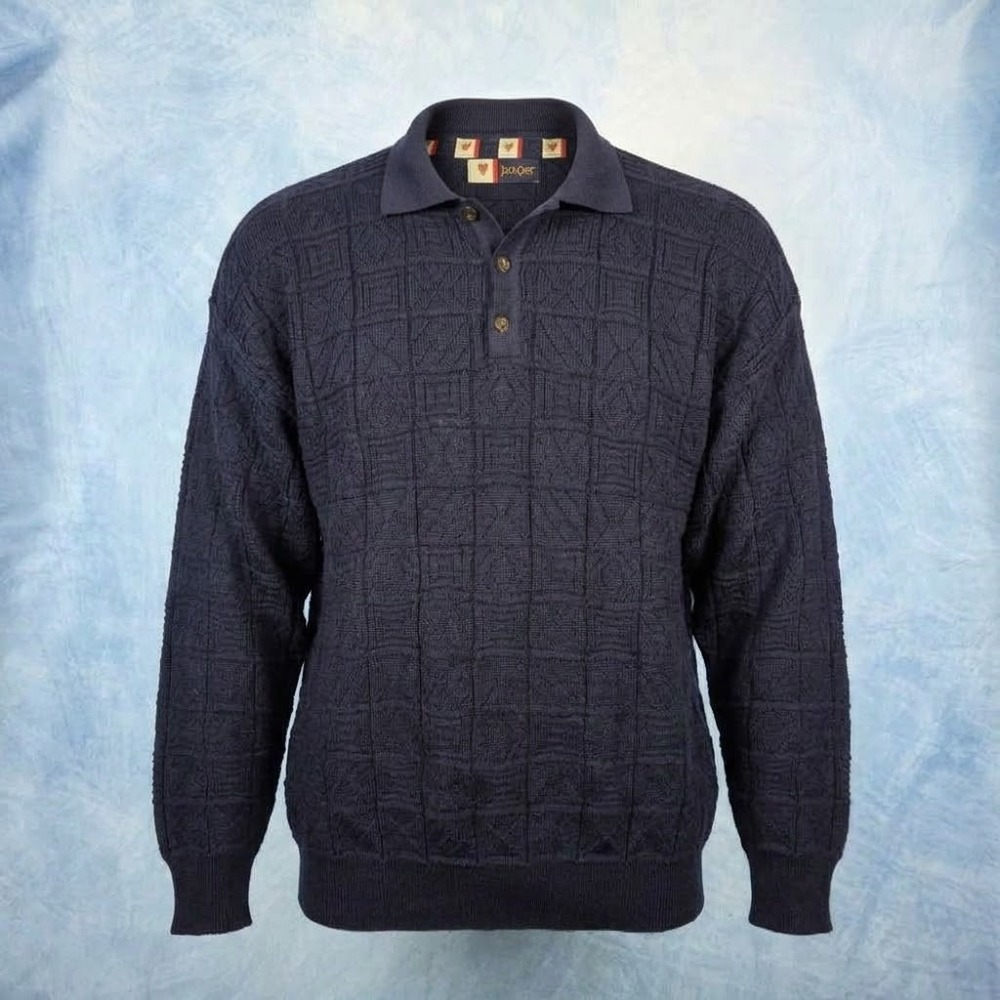 State of Art Mens Merino Wool Blend Textured Knit Polo Sweater Navy Blue Size L